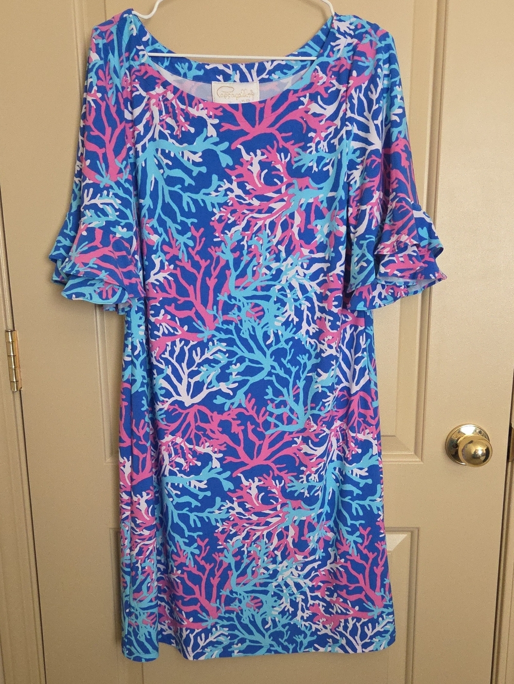 Pappagallo Blue Dress with Pink and Aqua Coral Motif